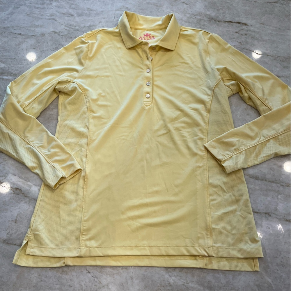 Peter Millar E4 Wicking Long Sleeve Golf Polo UPF 50+ Butter Yellow LARGE‎